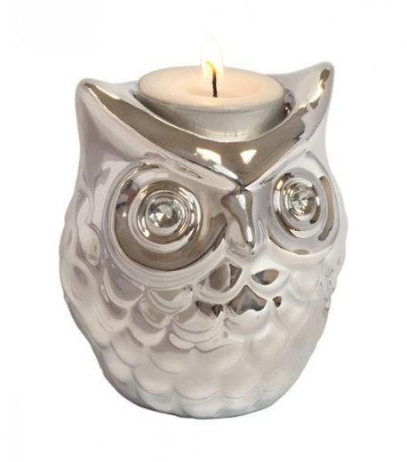 Stojan na čajovú sviečku INVOTIS Owl (keramika, chróm)